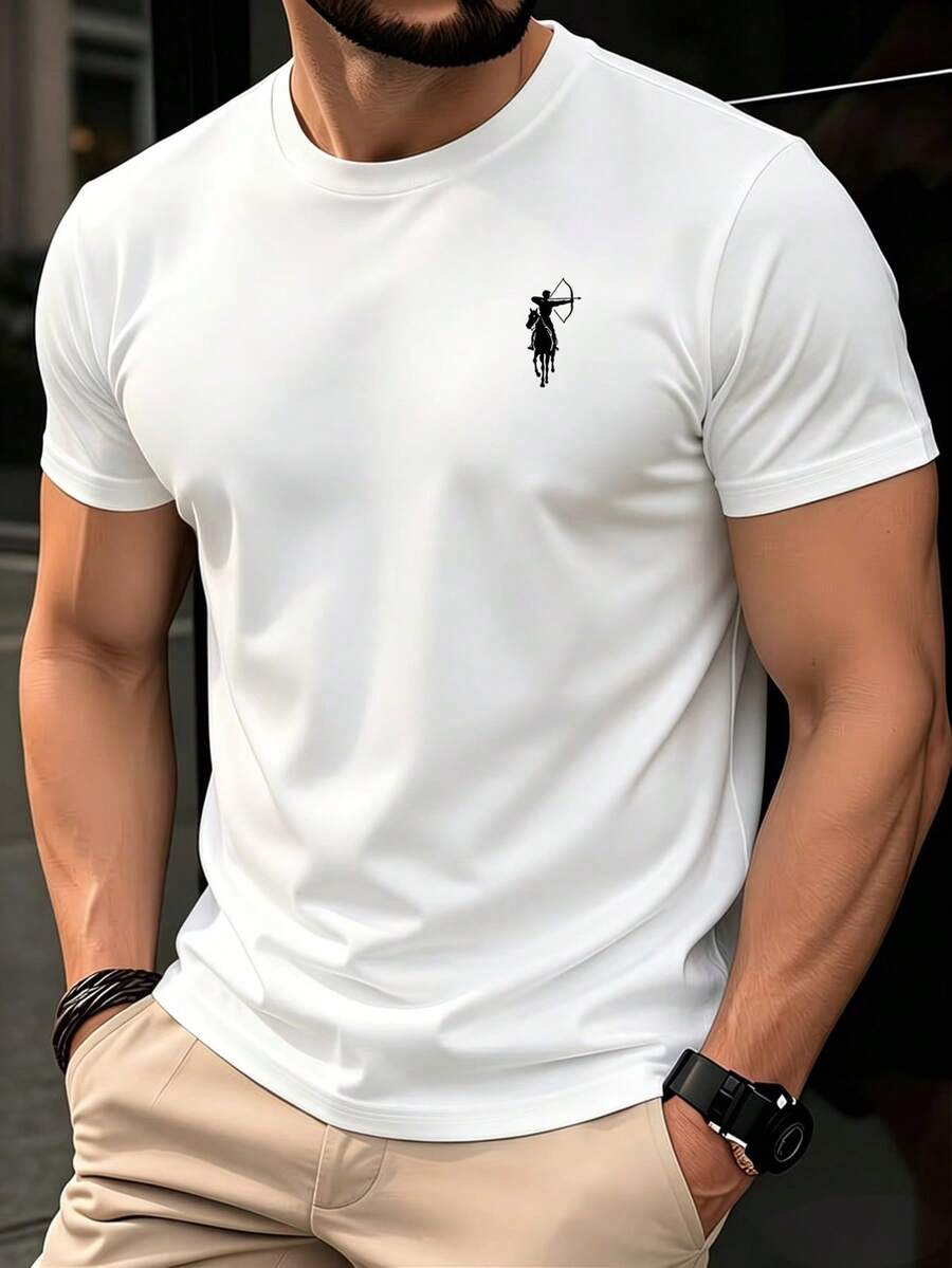 TT165 Men's Simple Casual Multifunctional Horse Pattern100%Cotton Short Sleeve T Shirt - 白色 - 查看 1