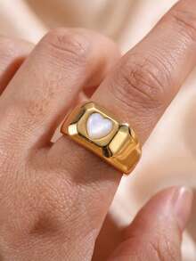 1pc Minimalist Wide Band Heart Mother Of Pearl Open Ring, Asymmetric Polished Adjustable Index Finger Ring For Women Daily Dating Jewelry Gift - Heart-shaped Ring - View 6
