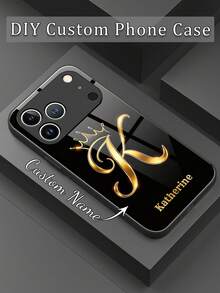 1 Peça Capa de Telemóvel Personalizada com Nome, Padrão de Coroa de Strass de Luxo, TPU Líquido com Borda Completa + Vidro Temperado, À Prova de Choques e Riscos, Compatível com Apple 17 ProMax/16 ProMax/15 Pro/14 Plus/13 Pro/12 Pro Max/11/Xs Max/8/7/6 Plus, S24 Ultra/S25 Ultra, Compatível com Redmi/Phone, Versão Internacional, Não a Versão Doméstica - Preto 2 - Ver 3