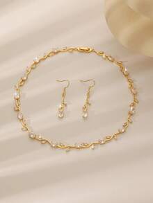 3pcs Luxury Dreamy Elegant Pink Zirconia Flower Vine Leaf Chain Necklace And Earrings Jewelry Set, Suitable For Women Daily Commute, Birthday, Valentine's Day, Wedding, Party Occasions, Gift For Mom - Gold - View 4