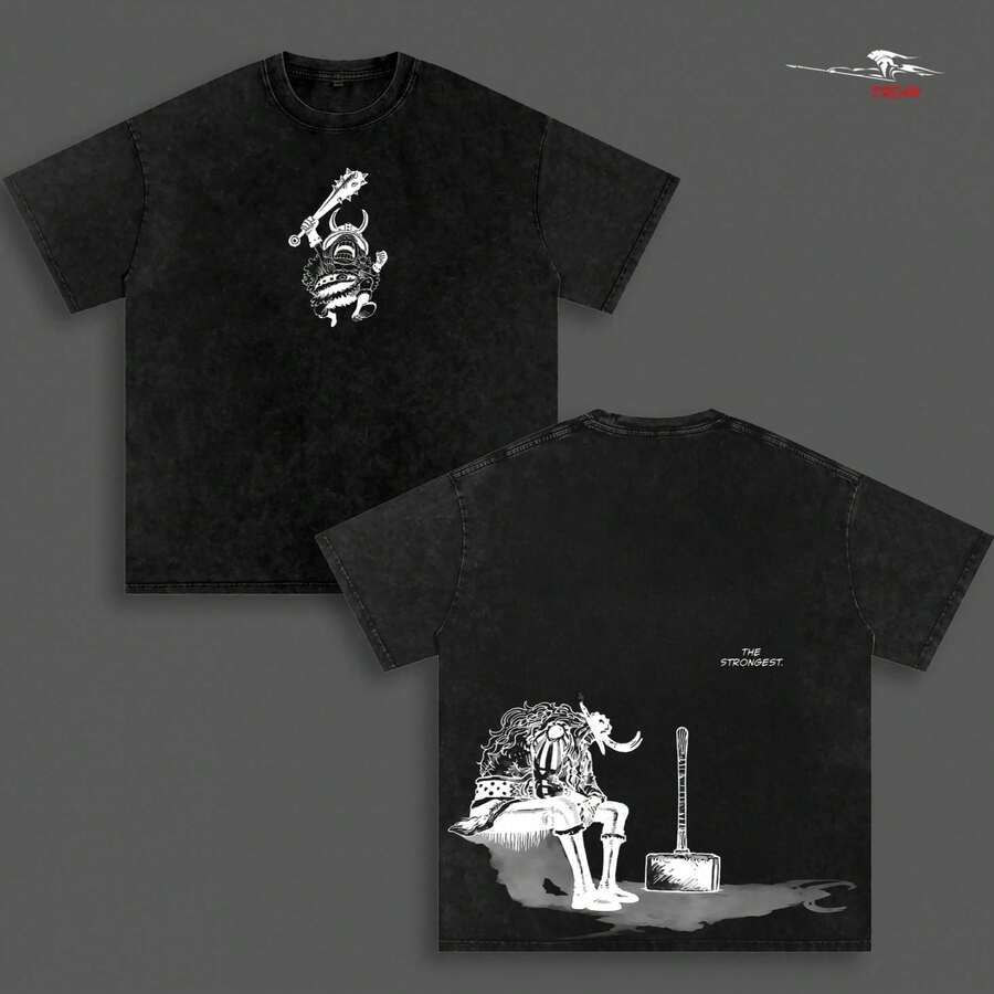 Camiseta unisex 100% algodón lavado vintage, estampado anime estilo Y2K, diseño moderno de moda, tacto suave y confortable, corte holgado, ideal para uso diario y excelente opción de regalo. - Negro - Ver 1