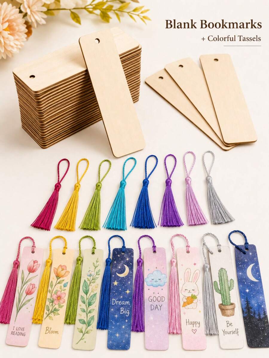 70pcs Wooden Blank Bookmarks DIY Wooden Craft Bookmarks Wooden Laser Cut Wooden Pendants Wooden Square Tags (35pcs Bookmarks + 35pcs Tassels) Random Tassel Colors Back To School Season - Multiple Colors - View 1