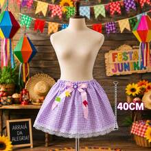Women's Checkered Skirt For June Festival With Lace, 40cm, One Size, Countryside Look - Purple - View 4