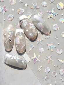 12pcs Ocean Style Gold Foil Nail Art Stickers, Starfish Shell Coconut Tree Summer Gold Foil Adhesive Nail Decals - 彩色 - 查看 1