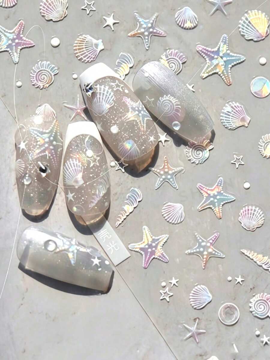 12pcs Ocean Style Gold Foil Nail Art Stickers, Starfish Shell Coconut Tree Summer Gold Foil Adhesive Nail Decals - 彩色 - 查看 1