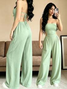 Women's Off-The-Shoulder And Open-Back Jumpsuit For Summer - Army Green - View 5