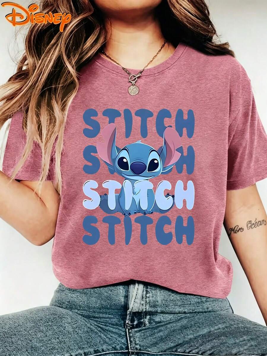 Disney Lilo & Stitch "Stitch" Gradient Text Women's T-Shirt, Casual Crew Neck Tee For Fans, Breathable Cotto - 玫紅色 - 查看 1