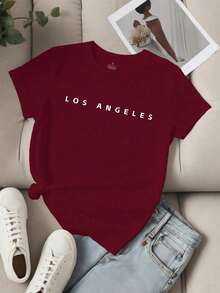 Women's Unity Letter Slogan Short Sleeve T-Shirt, LOS ANGELES Graphic Tees, Women's Tops - 摩卡棕 - 查看 1