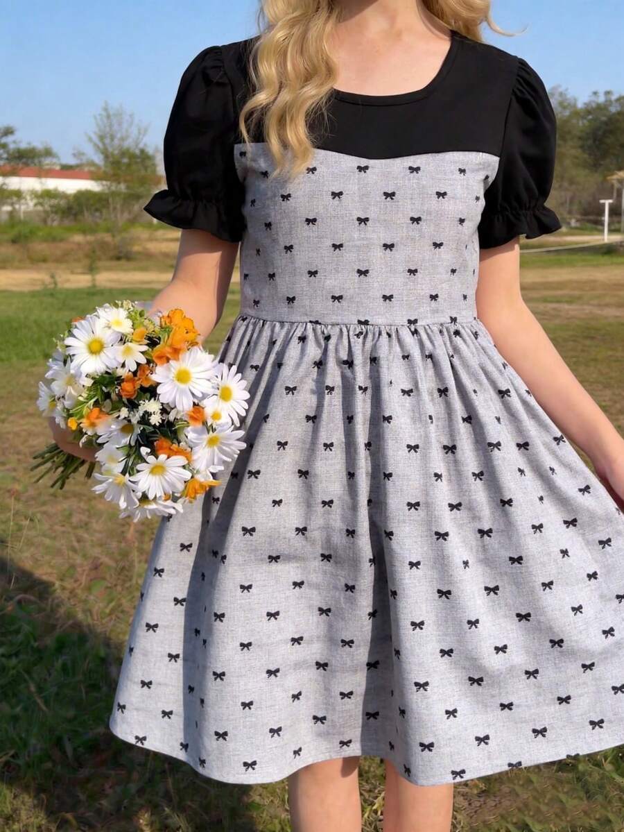Tween Girls Outdoor Casual Fashion Elegant Outfit Minimalist Style Black & Grey Patchwork Design Bow Print Round Neck Flared Cuff Puff Sleeve Dress Summer Style, Suitable For Daily & Today Wear, Back To School, Street Photography, Family Travel, Social Gathering, City Vacation - Multicolor - View 1