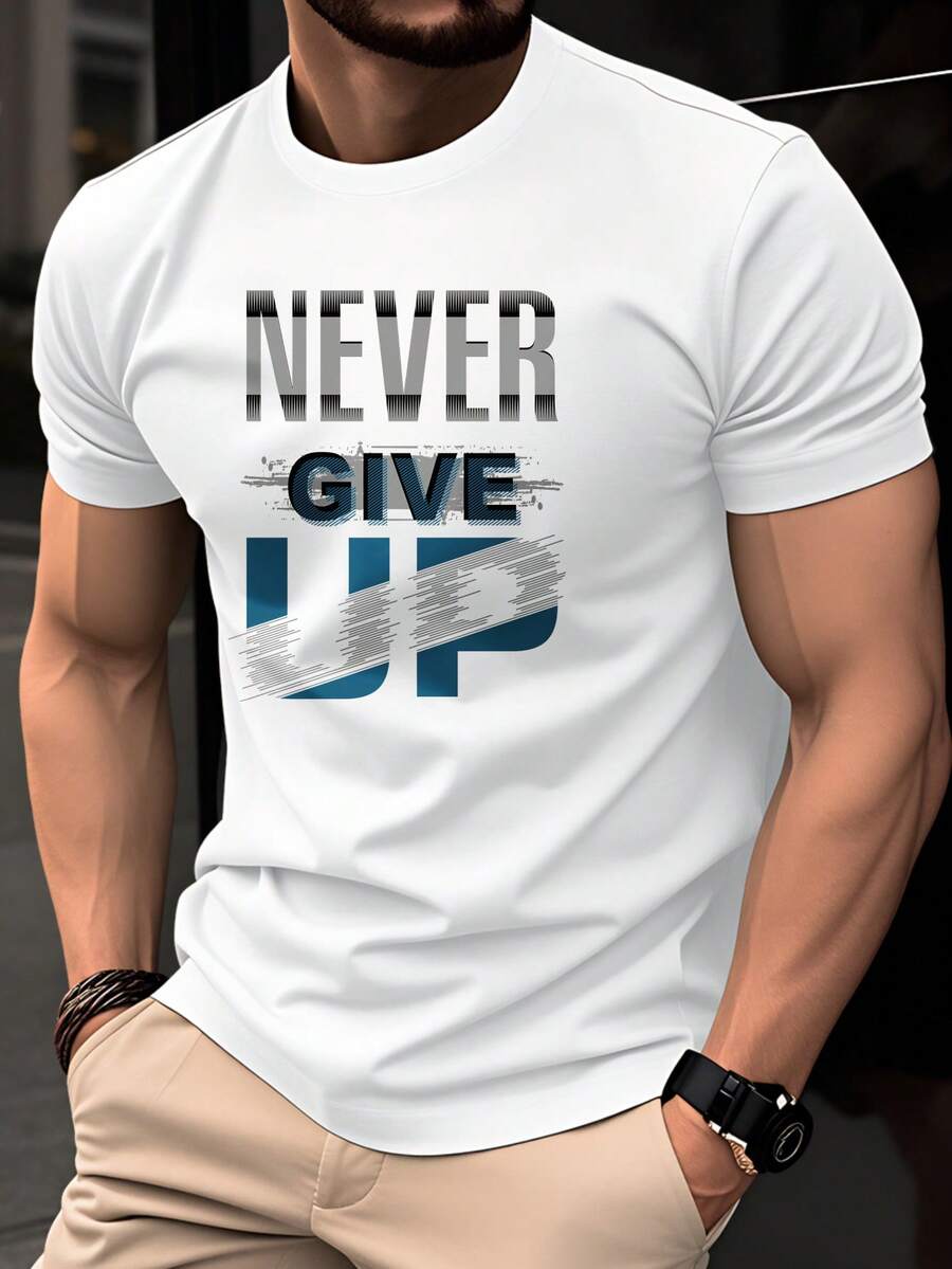 Camiseta de hombre 100% algodón, manga corta de verano, top fino, a la moda, corte ajustado, juvenil, casual, versátil, para uso diario, deportes, fitness, con estampado de letras en inglés "NUNCA TE RINDAS". - Blanco - Ver 1