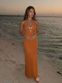 Vestido de verano para mujer de unicolor con textura acanalada, botones de concha, diseño calado, tirantes finos, abertura alta, sexy, para vacaciones y playa - Naranja - Ver 5