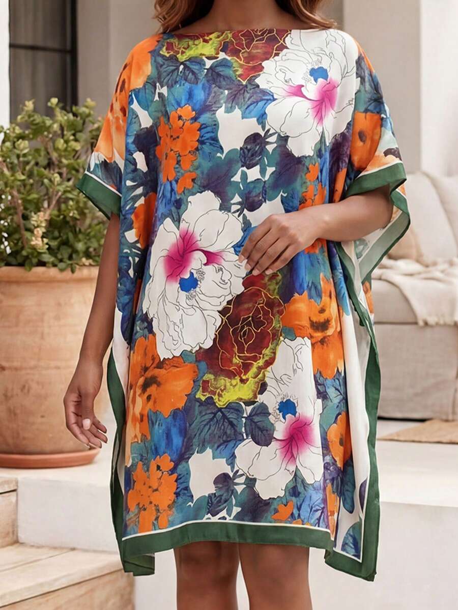1件裝仿絲優雅花卉印花套頭披肩,輕盈時尚百搭防曬外套,緞面寬鬆版型沙灘披巾,適合日常裝飾造型 - 彩色 - 查看 1