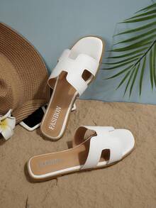 Dép sandal nữ quai chữ H đế bệt, mũi vuông, kiểu slide casual, màu trơn phong cách Bohemian, phụ kiện thiết yếu cho đi biển và du lịch mùa hè - trắng - Xem 3