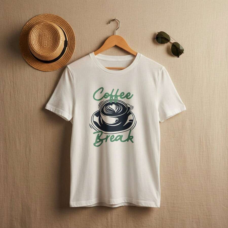 Casual Cafe Break Graphic T-Shirt, Men's, 180g Cotton, Crew Neck, Sizes S-XXXL - White - View 1