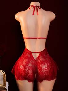Women's Open Crotch Lace Decorated Backless Halter Neck Sexy Bodysuit With Ruffle Trim - 紅色 - 查看 1