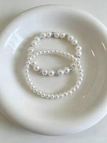 2pcs Faux Pearl Bracelet Set, Elegant Versatile Faux Pearl Beaded Bracelet, Cute Boho Style Jewelry For Girls, Adjustable Elastic Bracelet, Bridesmaid Party Gift, Suitable For Women And Girls, Suitable For Any Occasion - White - View 1