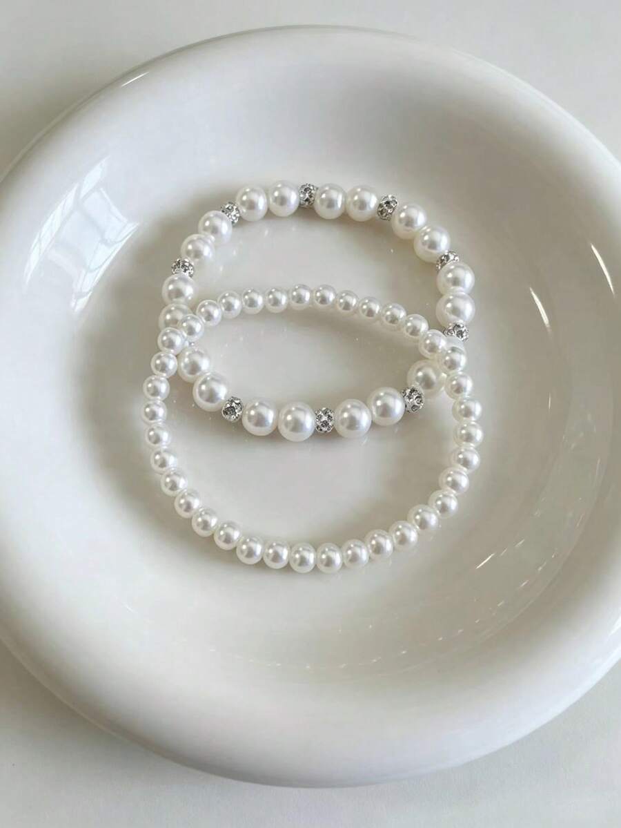 2pcs Faux Pearl Bracelet Set, Elegant Versatile Faux Pearl Beaded Bracelet, Cute Boho Style Jewelry For Girls, Adjustable Elastic Bracelet, Bridesmaid Party Gift, Suitable For Women And Girls, Suitable For Any Occasion - White - View 1