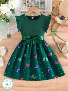 Girls' Elegant Cap Sleeve Ribbed Butterfly Pattern Dress, Summer - Dark Green - View 2