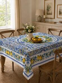 1 pieza Mantel multifuncional con patrón floral de limón fresco y azulejo azul mediterráneo Capri, material de poliéster, adecuado para decoración del hogar en todas las estaciones, regalo de boda, reunión familiar, fiesta de vacaciones y decoración de mesa de comedor - Multicolor - Ver 7