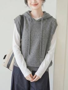 Atasan Sweater Rajut Wanita Polos Minimalis Kasual dengan Tudung, Musim Gugur/Musim Dingin - Grey - View 6