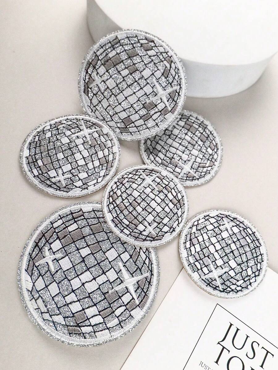 6pcs/3pcs/1pc Disco Ball Silver Fabric Applique, Cartoon Embroidery Sewing Decoration, Suitable For Clothes, Shoes, Bags, DIY Crafts - Multicolor - View 1
