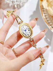 Women's Exquisite Oval Roman Numeral Bracelet Watch, U-Shaped Beaded Chain Rhinestone Inlaid Luxury Niche Quartz Watch, Gift For Best Friend (1pc/Set) Watch Box Not Included - Gold - View 2
