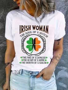 Camiseta de Mujer con Diseño de Estilo Irlandés - Diseño de Trébol de Cuatro Hojas y Nudo Celta con el Eslógan "Wizard's Soul", Camiseta Blanca Casual de Manga Corta y Cuello Redondo para el - Blanco - Ver 1