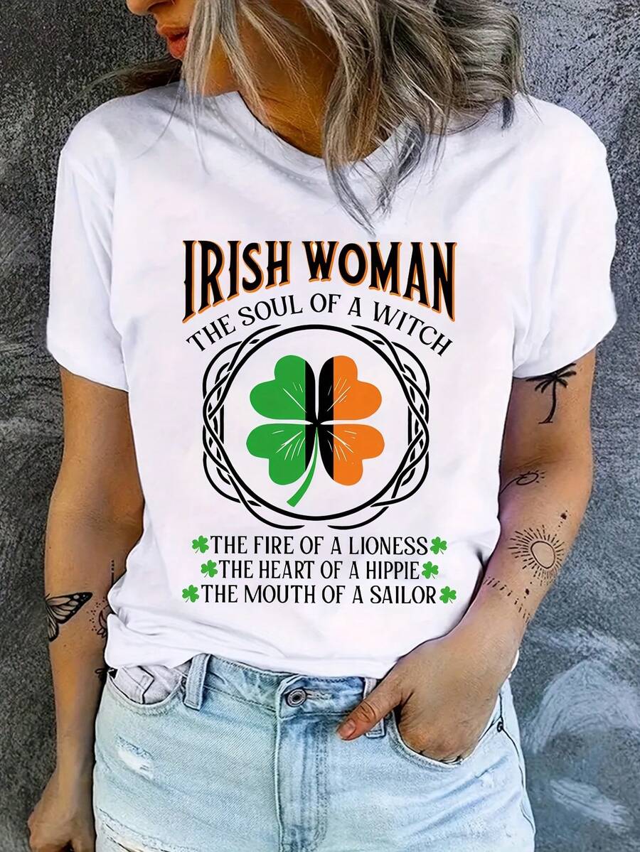 Camiseta de Mujer con Diseño de Estilo Irlandés - Diseño de Trébol de Cuatro Hojas y Nudo Celta con el Eslógan "Wizard's Soul", Camiseta Blanca Casual de Manga Corta y Cuello Redondo para el - Blanco - Ver 1