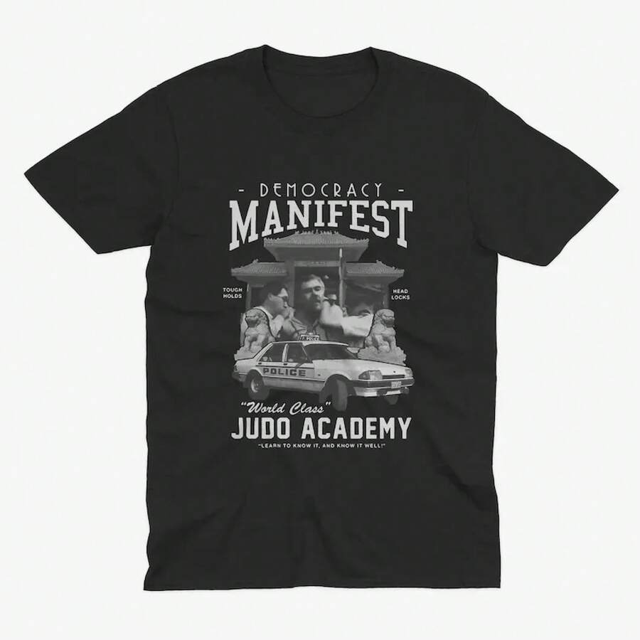 Manifiesto de la Democracia - Camiseta de la Academia de Judo, Comida China Suculenta, Conoce Bien Tu Judo, Camiseta de Comida China, Camiseta de Jack Karlson - Negro - Ver 1