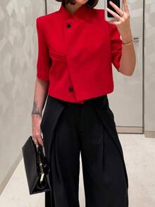 DEEKA Áo khoác blazer ngắn tay dáng ngắn phong cách thời trang đơn giản đa năng kiểu Âu Mỹ cho nữ, xuân/hè mới - Đỏ - Xem 4