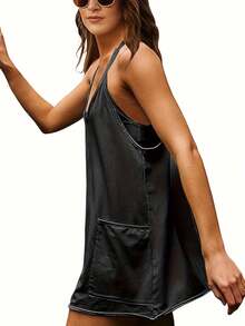 Women's Sleeveless Summer Mini Dress, Spaghetti Strap Style, Short Dress With Pockets - Black - View 3