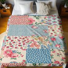 1pc Vintage Patchwork Floral Polka Dot Single-Sided Printed Flannel Blanket, Soft & Lightweight Sofa Bed Cover, Bohemian Home Decor, Suitable For All Seasons, Perfect For Bedroom, Outdoor Camping And Daily Relaxation Gift - Multicolor - View 4