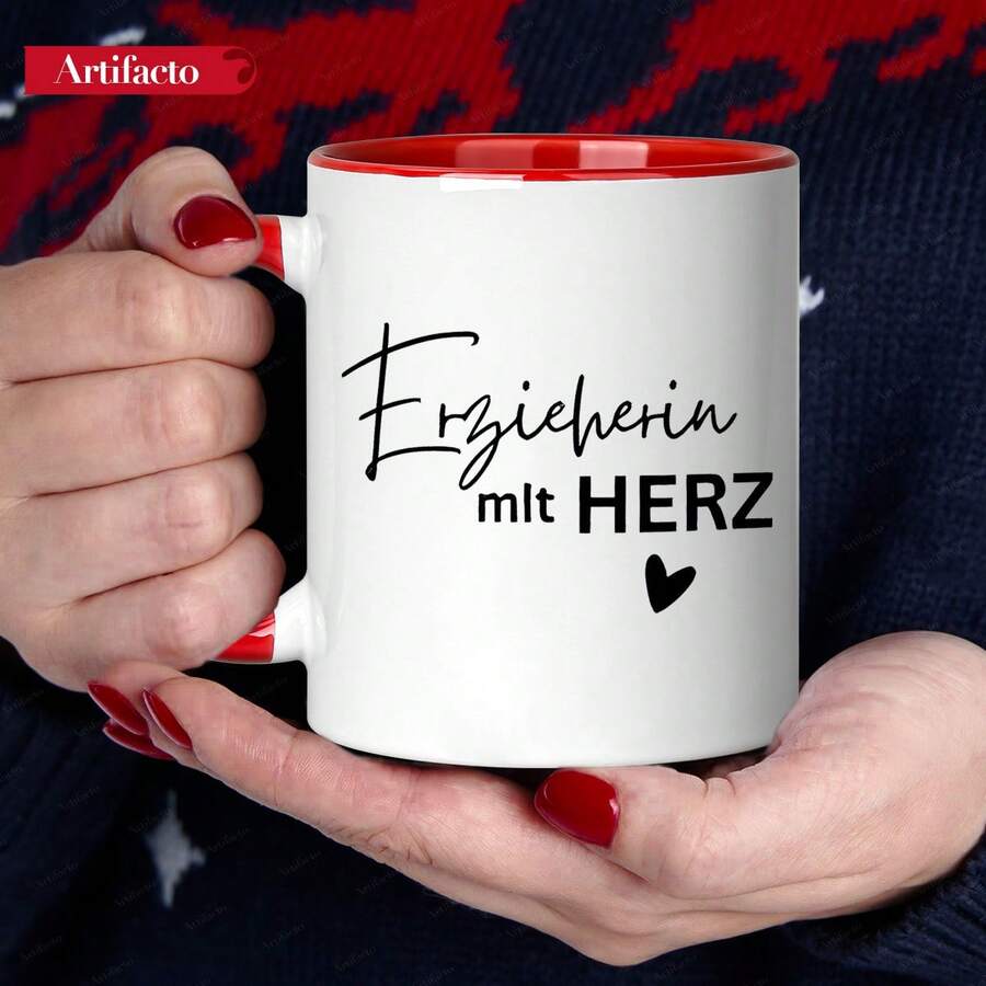 [24-Hour Shipping Within Mexico] 1 Piece, 11 Oz Ceramic Coffee Mug With The German Text "Erzieherin Mit HERZ" (Teacher With Heart), Dishwasher , Touching Coffee Mugs, Ideal Gift For Educators, German Speakers, Teacher's Day/Birthday Gifts - 3 - 查看 1