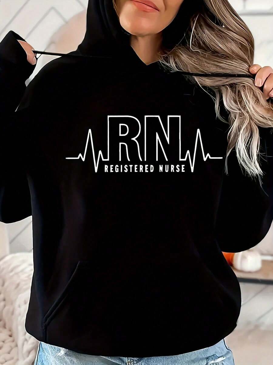 RN - Black With White ECG Graphic And Heartbeat, Nursing Professional Clothing, Hood With Adjustable Drawstring, For Healthcare Professionals In All Seasons. - 玫紅色 - 查看 1