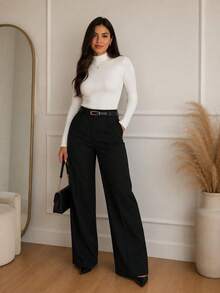Elegant Women's Winter 2-Piece Set With High-Neck Long-Sleeve Bodysuit And Tailored Trousers + Belt - Winter Fashion - 白色褲子 黑色褲子 - 查看 2