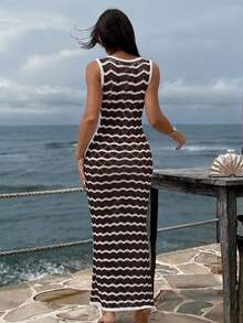 Women Long Dresses - 棕色和白色 - 查看 8