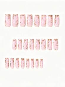 24PCS Medium Water Pipe Fake Nails, Pink Base, Glossy Finish, Natural Brightening, Floral & Plant Design, Gold Foil & Gold Foil Stamping, Complex Craftsmanship, 3D Gold Steel Ball & Rhinestone Decor, High-End Luxury Style, Perfect Gift Choice For Women And Girls, Suitable For Daily Life And Party Use, Applicable For Nail Salons And DIY Nail Art, Can Be Used As Press-On Nails Or Nail Supplies, Removable And Reusable Nail Set - Multicolor - View 5