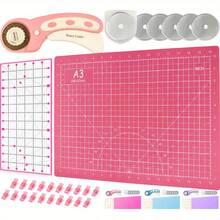 Pink Rotary Cutter Set - Sewing Kit, Includes 45mm Fabric Cutter, 5 Replacement Blades, A3 Cutting Mat, Acrylic Ruler And Craft Cutting Clips - Perfect For Crafting, Sewing, Quilting, Crochet And More - Pink - View 1