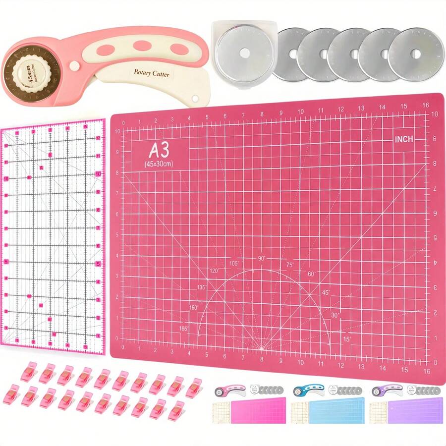 Pink Rotary Cutter Set - Sewing Kit, Includes 45mm Fabric Cutter, 5 Replacement Blades, A3 Cutting Mat, Acrylic Ruler And Craft Cutting Clips - Perfect For Crafting, Sewing, Quilting, Crochet And More - Pink - View 1