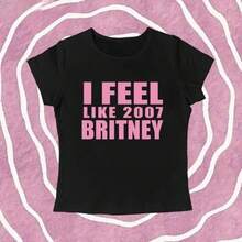 Top corto vintage estilo Y2K de los 2000 con estampado de letras, camiseta casual de manga corta, estilo sexy y atrevido, ropa ajustada de verano para mujer. - Negro - Ver 2