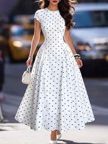 Elegantes langes Damenkleid aus Strickstoff mit Polka-Dot-Muster, A-Linie, Rundhalsausschnitt, Kurzarm, Plissee-Detail, Weiß, Sommer - Weiss - Übersicht 4