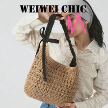 Bolso de hombro de paja con ganchillo hueco color caqui casual con correa de tela plisada negra y decoración de lazo lateral. Textura tejida hueca transpirable y silueta de media luna relajada, creando un ambiente casual de playa, ideal para paseos por la playa, turismo de verano y combinar con atuendos de lino. - Negro - Ver 6