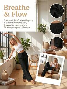 Fashionable And Chic Solid-Color Linen-Blend Wide-Leg Women's Pants, With A Loose Minimalist Casual Design, Perfect For Beach Days And Summer Wear. - Black - View 7