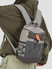 Functional Outdoor Mini Backpack | Unisex Khaki Color Block Nylon Bag With Mesh Pocket & Contrast Straps | Hiking/Sports/Outdoor,Y2k - Multicolor - View 6