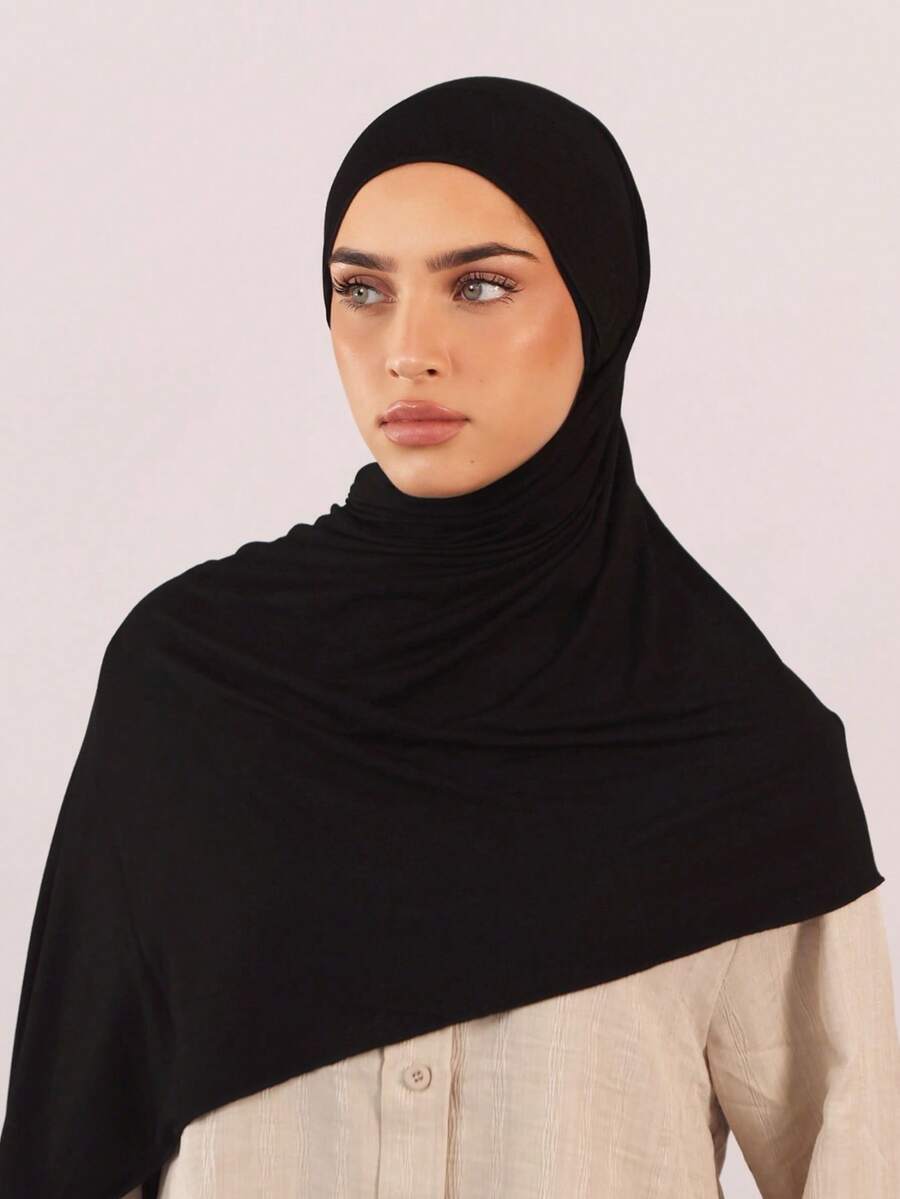 Solid Color 1PC Ready To Wear Instant Hijab Soft Modal Jersey Pre-Sewn Muslim Headscarf - Black - View 1