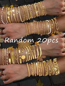 23/20/14/8/6pcs Multi-Layered Old Money Style Fashion Minimalist Elegant Exquisite Vintage Design Geometric Ribbon Heart Rhinestone Bling Bling Shiny Butterfly Twist Faux Pearl Embossed Texture Chain Cuban Chain Twisted Chain Bead Chain Infinity Chain Snake Chain Airplane Chain Disc Box Chain Plain Chain Metal Style Bracelet Set, Holiday Vacation Party Date Gift Daily Commute Wear (Randomly Shipped) - Yellow Gold - View 13