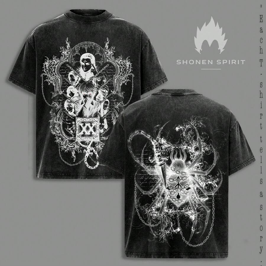 Ghost Trooper Style T-Shirt, Hisoka Chrollo Aesthetic, Dark Anime Streetwear, Vintage Washed T-Shirt, Japanese Graphic T-Shirt, Otaku Fashion, Anime Clothing - 黑色 - 查看 1