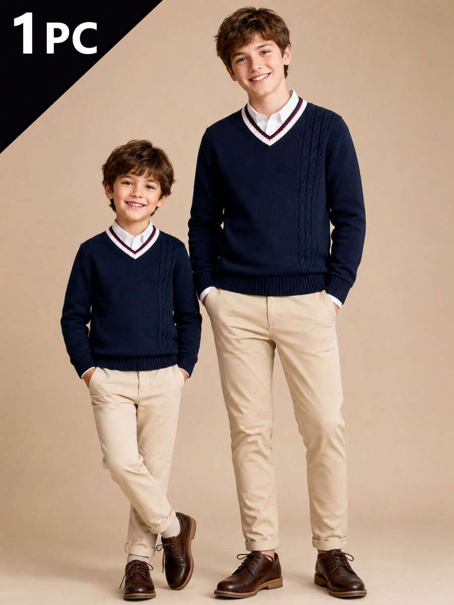 Unisex Kids' Classic Collegiate Long Sleeve Sweater, Versatile For Daily, School, Vacation And Layering - Navy Blue - View 1