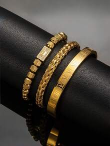 3 pezzi Braccialetto in stile europeo e americano unico in filo d'acciaio intrecciato, braccialetto in acciaio inossidabile con design fatto a mano con corona vintage e perline di strass, adatto per uomini e donne (le perline del braccialetto a corona sono abbinate e combinate casualmente) - Multicolore - Visualizzare 3