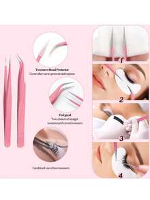 Professional Eyelash Extension Training Tool Set, Mannequin Head/Eyelash Mannequin Head, 0.07D Curl Mixed Eyelash Strips, Practice Tweezers, Beginner Eyelash Training Set (Pink) - Baby Pink - View 6